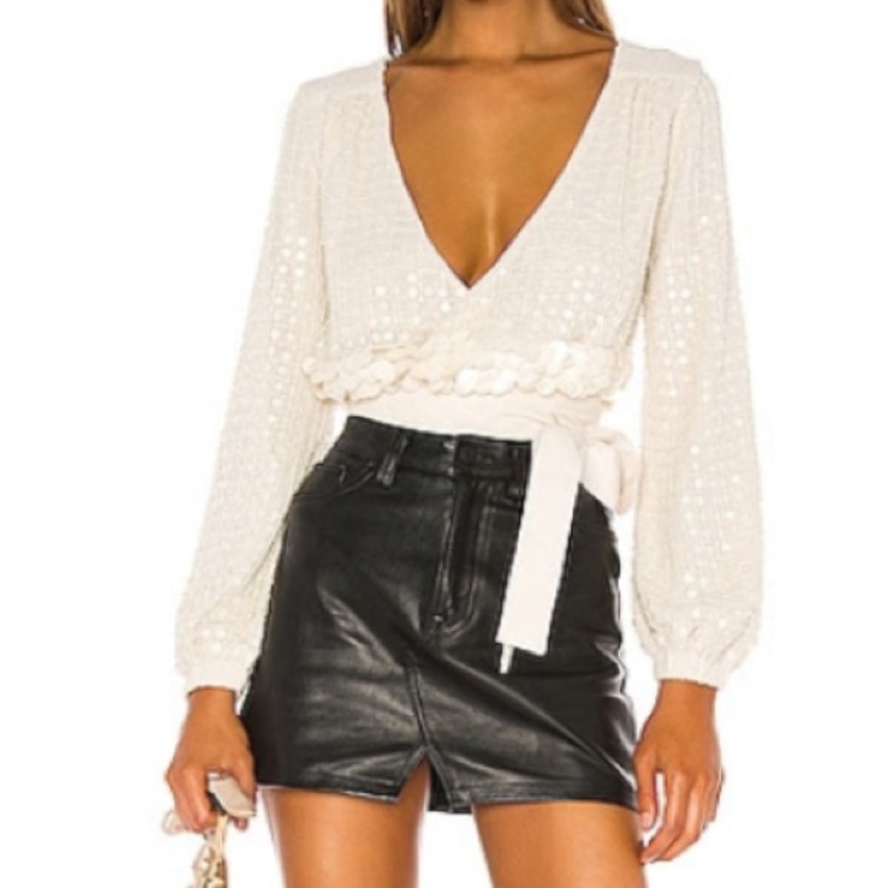 NBD Cream Tie Front Sequin Blouse